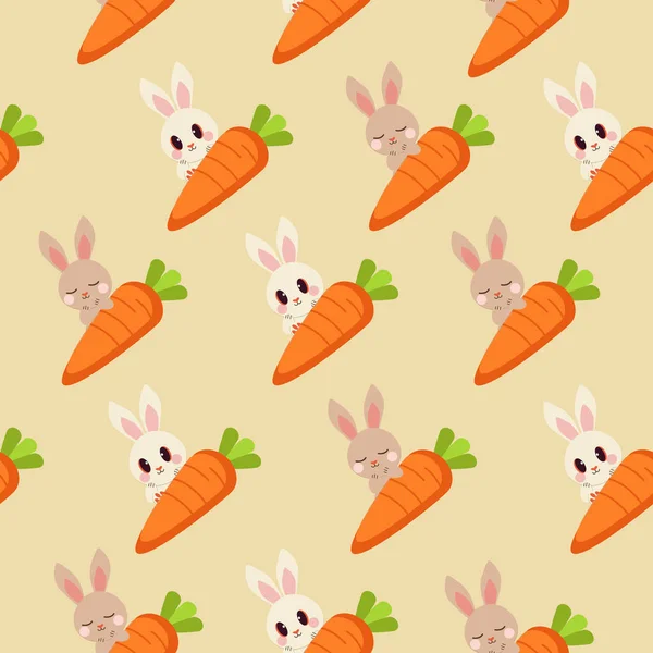 Das nahtlose Karottenmuster und das niedliche braune Kaninchen und weiße Kaninchen auf gelbem Hintergrund — Stockvektor