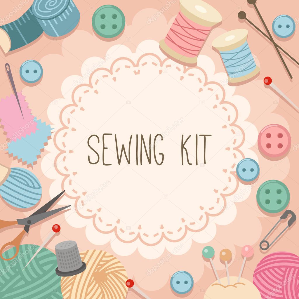 The collection of sewing kit set in pink background. The sewing kit set