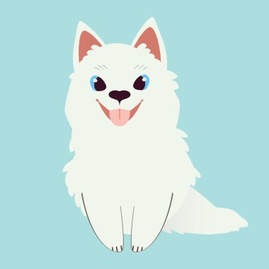 Mavi arka planda oturan sevimli samoed köpek karakteri.