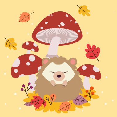 Sarı çayırdaki akçaağaç yaprağında oturan tatlı kirpi karakteri.