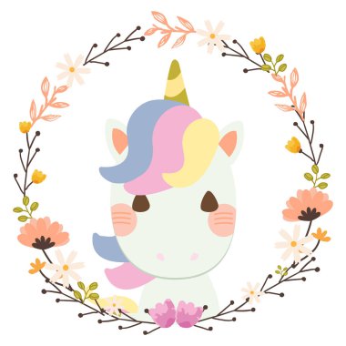 Beyaz arka planda çiçek halkasındaki şirin gökkuşağı tek boynuzlu atı karakteri. 