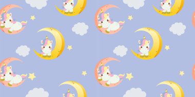 Ay 'ın mavi arka planında yıldızlı şirin gökkuşağı tek boynuzlu atının kusursuz arkaplanı. Şirin gökkuşağı tek boynuzlu atı karakteri.