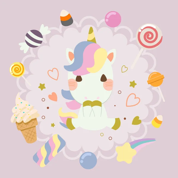 Chatacter Cute Rainbow Unicorn Many Candy Purple Background Candy Have — Stock Vector