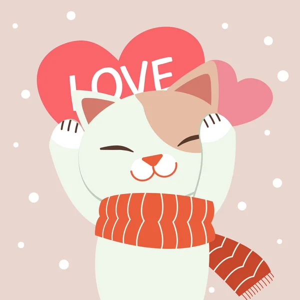 The cute cat wear a red scarf holiding a big pink heart in the pink background — Stock Vector