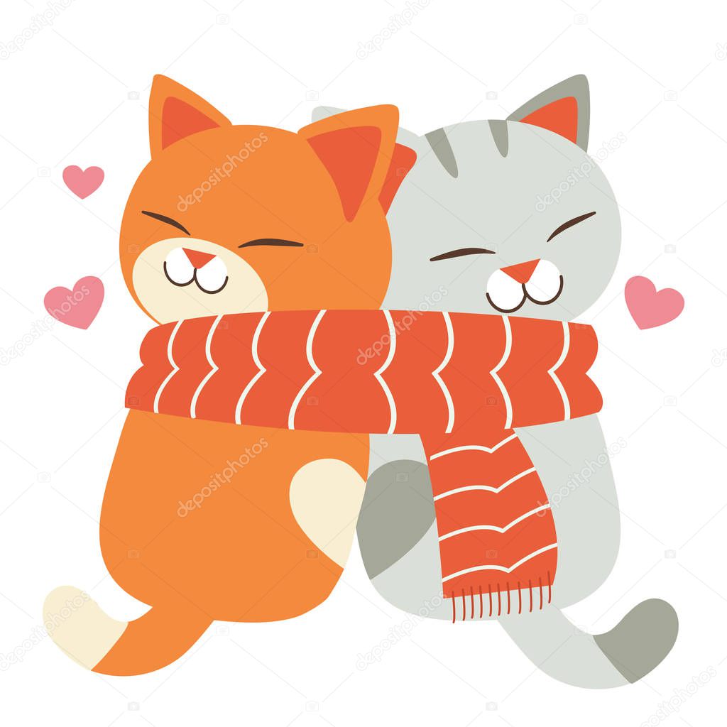 the character of cute couple love cat wear a red and white scarf
