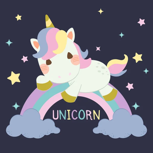 Le personnage od licorne mignon assis sur l'arc-en-ciel pastel — Image vectorielle