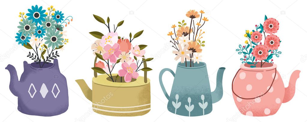 The collection of bouquet of flower in the teapot set.