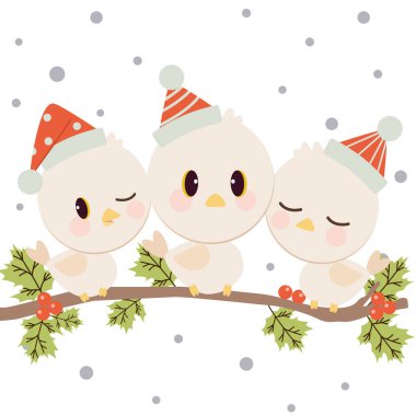 Tatlı kuş karakteri kırmızı bir şapka takar ve dalda durur.