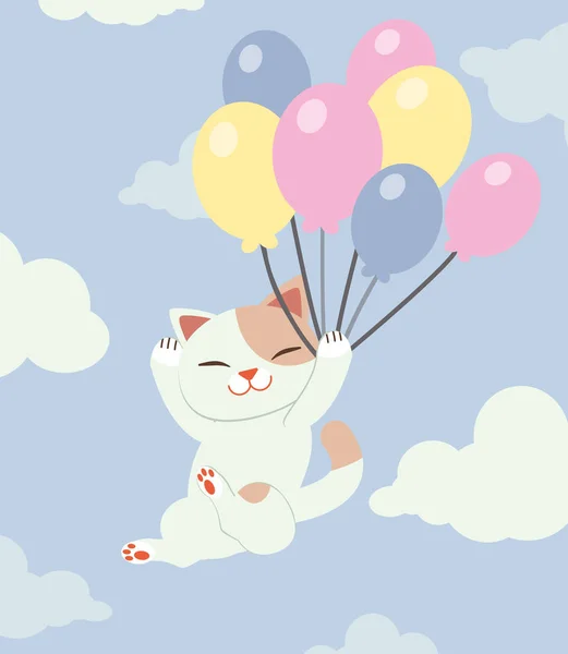 The character of cute cat holding a rainbow balloon on the sky — ストックベクタ