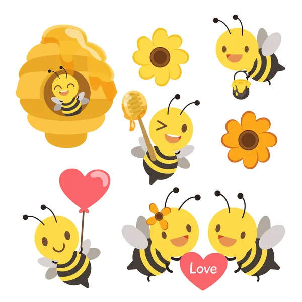 El personaje de la abeja linda en el panal y la celebración de un tanque de miel — Vector de stock