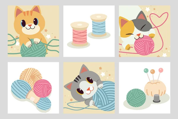 La collection de caractère de chat mignon jouant avec un fil . — Image vectorielle