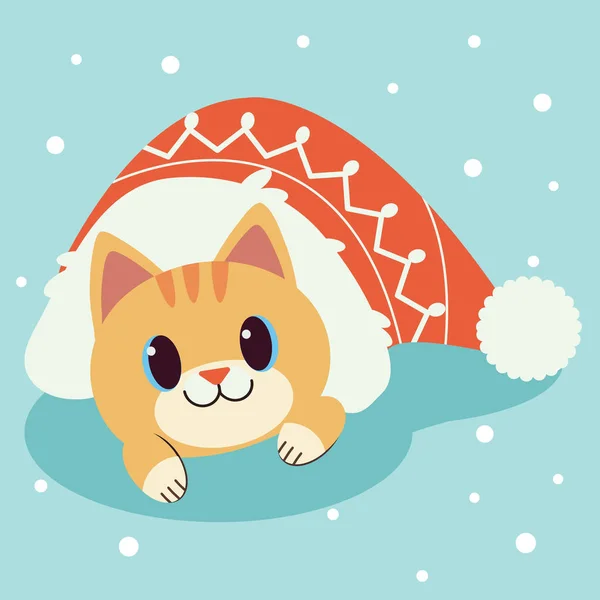 Charakter roztomilé kočky ve velkém červeném klobouku na modré zemi a sněhu — Stockový vektor