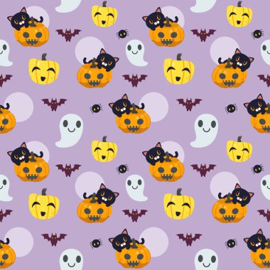 Düz vektör tarzında cadılar bayramının kusursuz deseni. Hayalet ve yarasayla balkabağının üzerinde oturan sevimli kedi resmi.