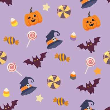 Düz vektör tarzında cadılar bayramı partisinin kusursuz deseni. Arkaplan, pankart için illüstrasyon.