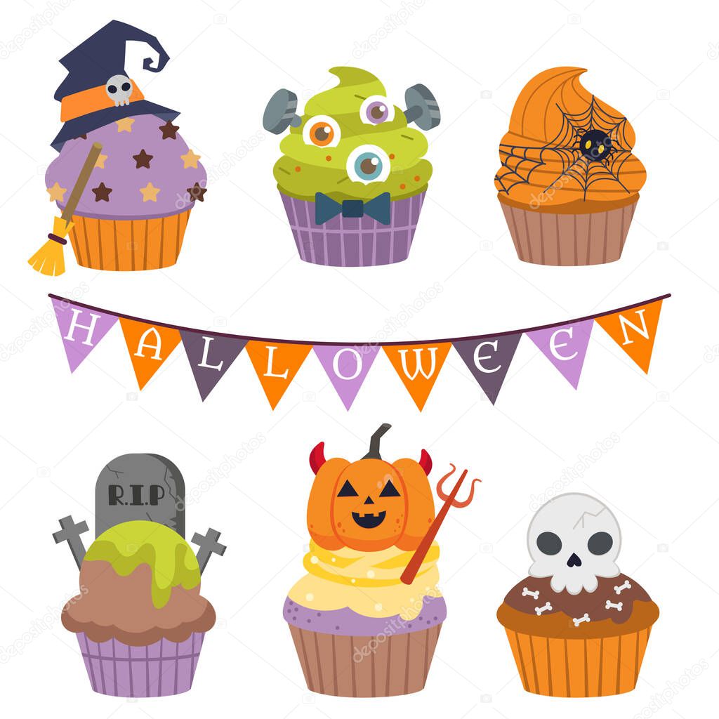 The collection of halloween cupcake in flat vector style. Graphic resource about halloween party for graphic,content , banner, sticker label and greeting card.