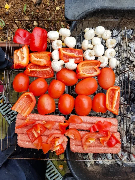 Grill Fresh Vegetables Mushrooms Sausages Barbecue Top View — Stock Photo, Image