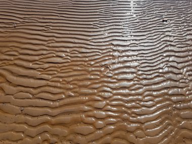 Güneş ışığında ıslak dalgalı turuncu kum görünümü. Soyut bir arka plan olarak kullanılabilir