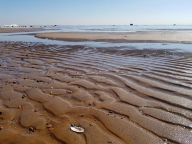 Körfezin büyüleyici panoramik manzarası. Dalgalı ıslak kum, mavi gökyüzü, su yüzeyinden yansıyan güneş ışığı ile Plaj