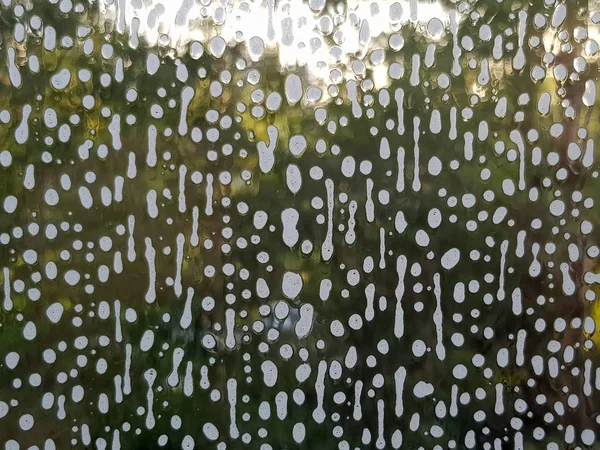 透明玻璃上的白肥皂泡和泡沫 在背景模糊的绿色树叶 摘要背景 — 图库照片