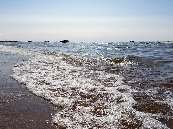 Panorama Gulf Finland Sandy Beach Bay Waves Sunny Day Blue Royalty Free Stock Photos