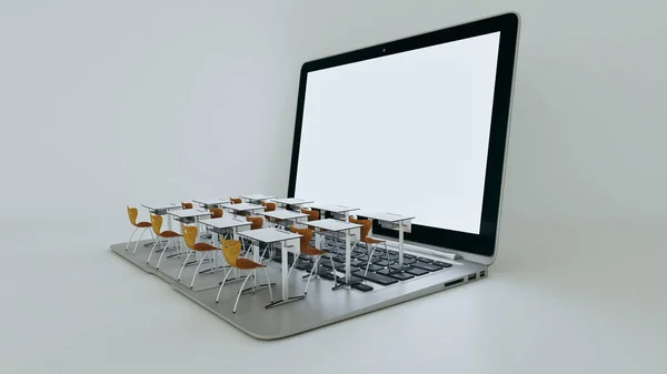 온라인 교육을 디지털 노트북 키보드 현대적 강의실 책상이 있습니다 사회적 — 스톡 사진