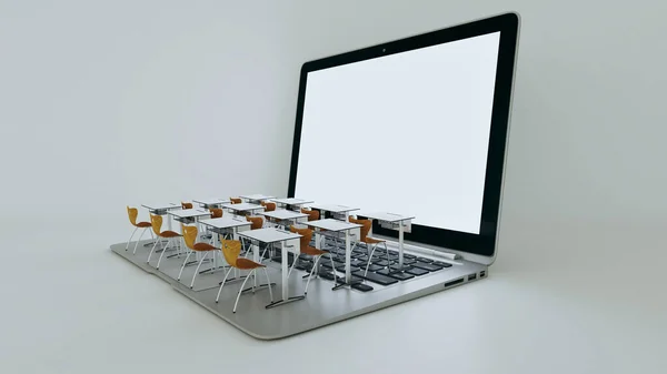 Online eğitim için dijital sınıf konsepti. Modern sınıf sıraları dizüstü bilgisayarların klavyesinde. Sosyal uzaklık eğitimi. 3B görüntüleme