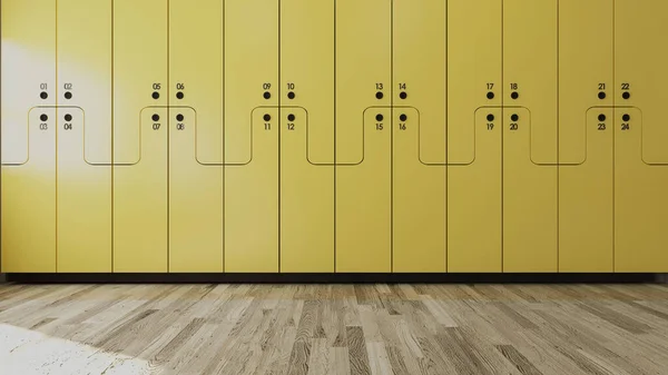 Yellow Wooden Numbered Student Locker Modern Empty Classroom Concept Rendering — Stock Photo, Image