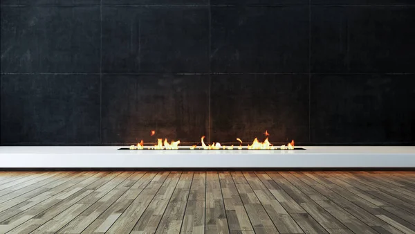 Modern Fireplace Design Idea Dark Concrete Wall Wood Parquet Veneer — Stock Photo, Image