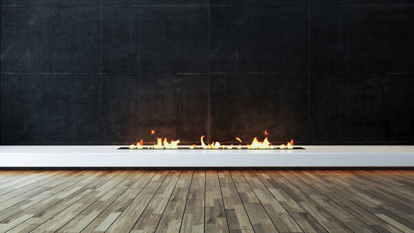 Modern fireplace design idea with dark concrete wall and wood parquet veneer flooring for home and office place. 3D rendering