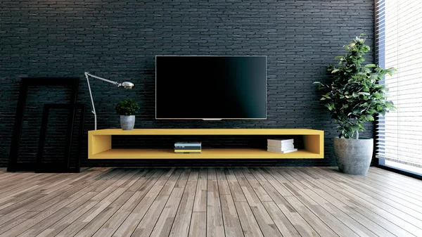 現代のオフィスや家のためのミニマリストデザインテレビスペース 黒レンガの壁 写真フレーム テーブルランプと植物の3Dレンダリングと思考のデザインのアイデア — ストック写真