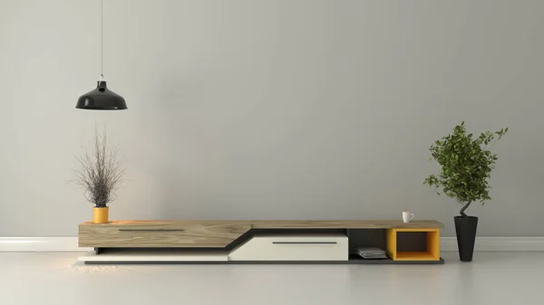 現代的な木製のテレビユニットのデザインと照明コンセプトのテレビルーム3Dレンダリング — ストック写真