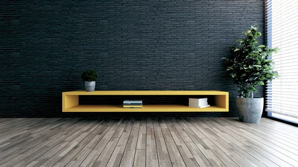 Modern ofis ya da evler için minimalist dizayn TV alanı. Siyah tuğlalı duvar, küçük fabrika 3D işlemeli düşünce tasarımı