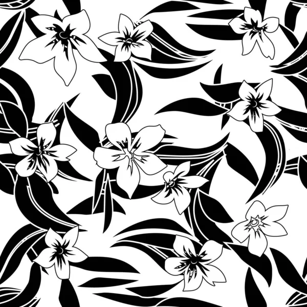 Floral black and white graphic pattern.This is a black and white seamless pattern featuring flowers and leaves of varying sizes.