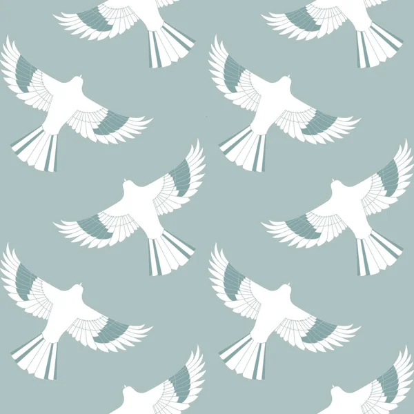 Blue mockingbird Seamless Pattern.This is a white, green, and blue repeat pattern inspired by mockingbirds and geometric lines. You can enjoy this on packaging, wallpaper, or backgrounds.