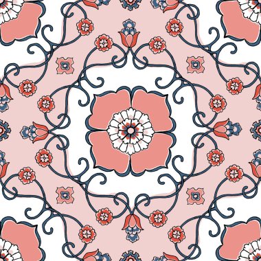 Beyaz, pembe ve lacivert dikişsiz çiçek deseni. Elle çizilmiş ve art-nouveau seramik esinlenerek. Eğer ambalaj, duvar kağıdı, arka planlar, ya da istediğiniz herhangi bir şekilde bu sorunsuz desen keyfini çıkarabilirsiniz!