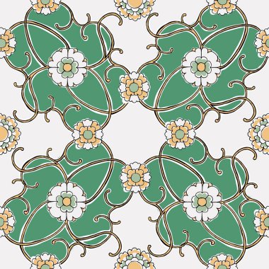 Altın ve yeşil dikişsiz çiçek deseni. Elle çizilmiş ve art-nouveau seramik esinlenerek. Eğer ambalaj, duvar kağıdı, arka planlar, ya da istediğiniz herhangi bir şekilde bu sorunsuz desen keyfini çıkarabilirsiniz!