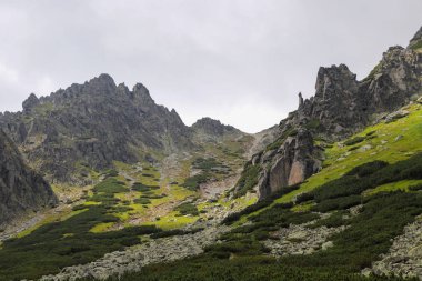 Bulutlu gökyüzü ile Yüksek Tatras yaz aylarında dağ zirveleri görünümü.