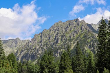Bulutlu gökyüzü ile Yüksek Tatras yaz aylarında dağ zirveleri görünümü.