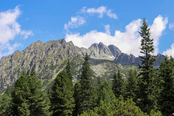 Veduta delle cime delle montagne in estate negli Alti Tatra con cielo nuvoloso . — Foto Stock