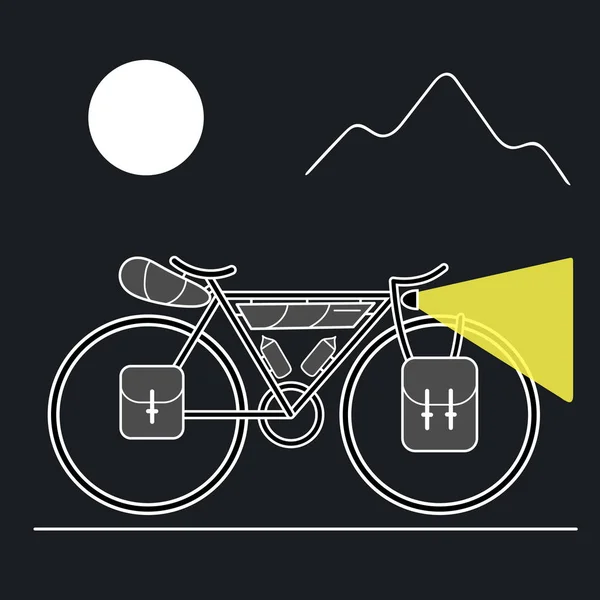Tourenrad Mit Radpackausrüstung Auf Nächtlicher Fahrt Mit Mond Und Bergen — Stockvektor