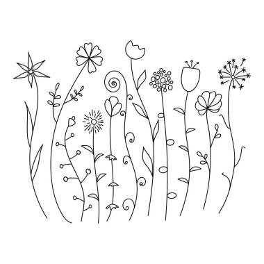 Çizilmiş kır çiçekleri beyaz arka plan üzerinde izole kümesi kroki. Bahar bitkisel tasarım. Güzel yaratıcı vektör çizim Eps10.