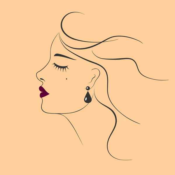美丽的女人与珠宝耳环和闭上的眼睛时尚例证 在黄色背景上的轮廓草图向量 Epps — 图库矢量图片