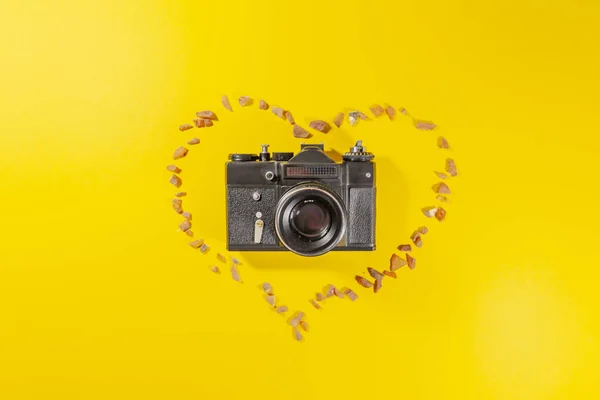 An analog camera laying on a yellow surface in a circle of rocks