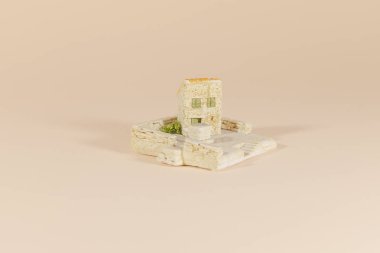 Bir iyi ve çalılık ile minyatür bir bronzluk ev pembe bir yüzey üzerinde duruyor