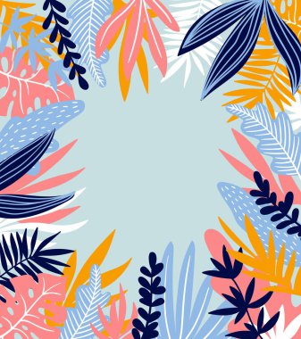 Tropikal çerçeveyle pastel mavi arka plan üzerinde bırakır 
