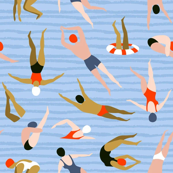 青の背景に水泳人とシームレスなパターン — ストックベクタ