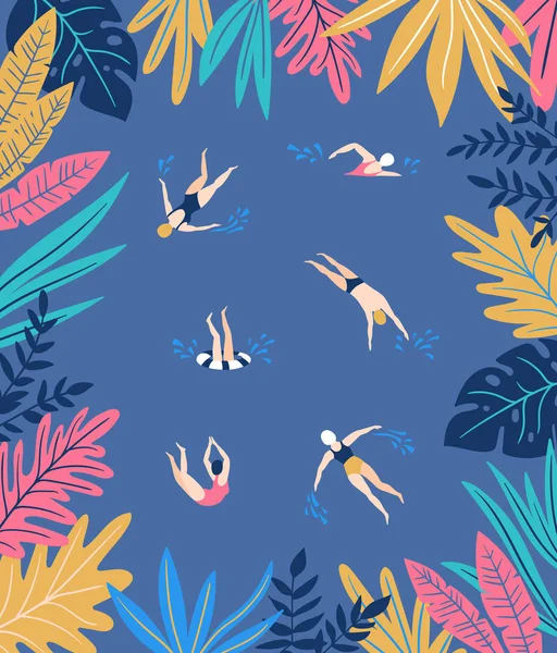 Nageurs Avec Des Feuilles Tropicales Sur Fond Bleu — Image vectorielle