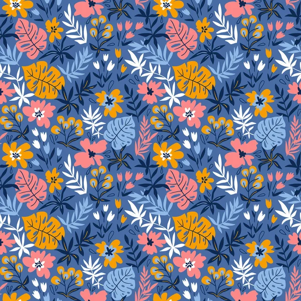 深蓝色背景上五颜六色的花朵和叶子的无缝图案 — 图库矢量图片