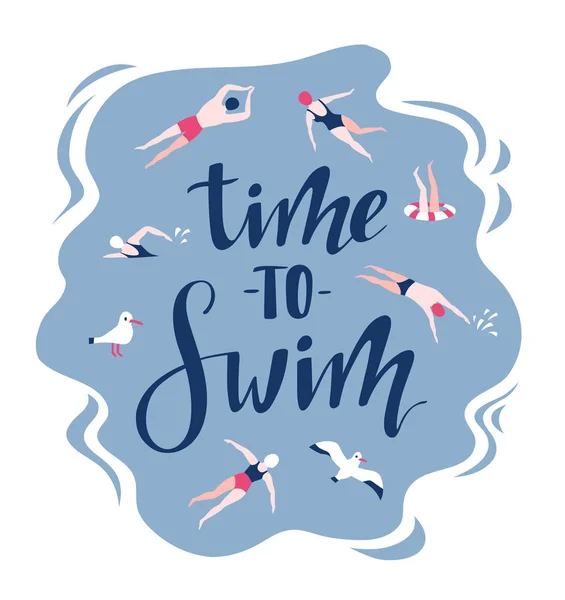 Poster Con Iscrizione Tempo Nuotare Sfondo Blu Con Persone Che — Vettoriale Stock