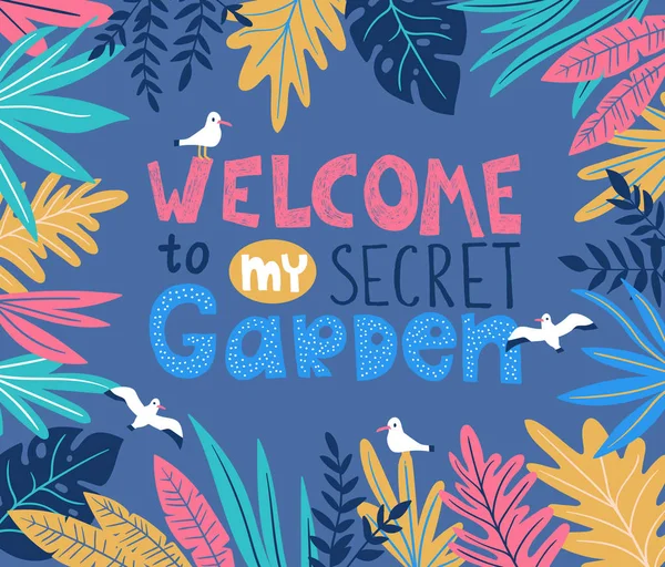 Poster Inscription Welcome Secret Garden Tropical Leaves — Stock Vector